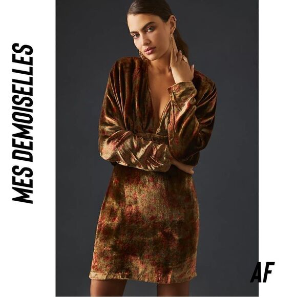 MES DEMOISELLES V-NECK SILK VELVET MINI DRESS NWT SIZE 12 - Picture 1 of 10